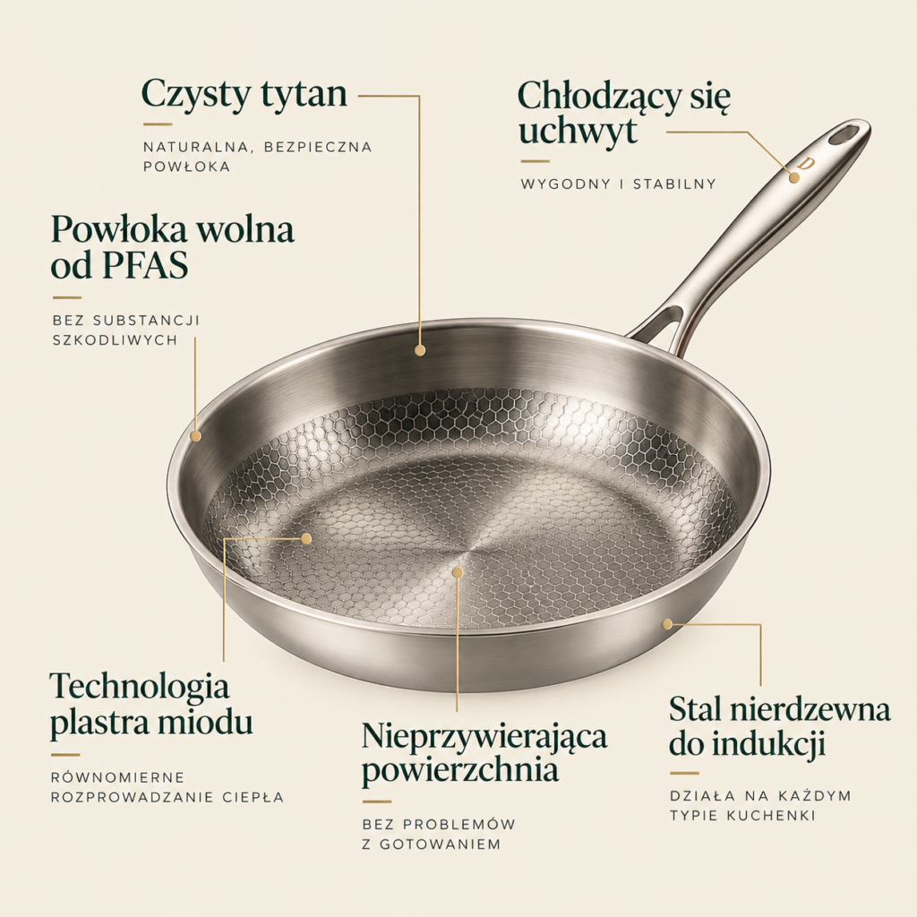 Infografika patelni Domovino 28 cm z opisem cech: uchwyt, wzór plastra miodu, powierzchnia, kuchenki