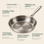 Infografika patelni Domovino 28 cm z opisem cech: uchwyt, wzór plastra miodu, powierzchnia, kuchenki